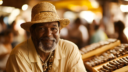 Vibrant Craftsmanship Displayed: A Talented Cuban Cigar Roller Demonstrating Rolling Techniques in a Bustling Marketplace