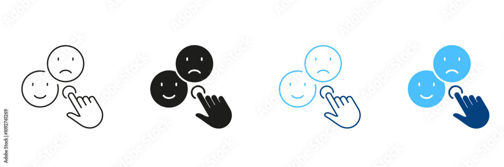 Poster feedback line and silhouette icon set. cursor click on good or bad emoticon pictogram. social media 