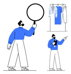 Man holding a giant magnifying glass, clothes on hangers shirts, pants, businessman with pointing gesture. Ideal for business analysis, inspection, fashion, shopping, research decision-making
