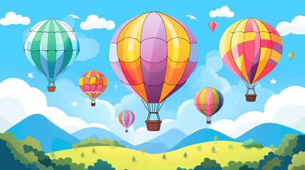 Fototapeta premium A cartoon illustration of hot air balloons floating in the sky.