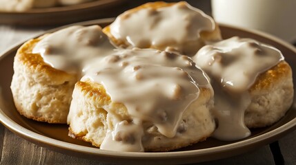 Fluffy biscuits topped with creamy sausage gravy, served on a plate, embodying a comforting Southern breakfast classic.