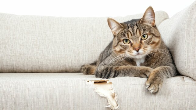 A cute fluffy cat with large expressive eyes is playing on the couch, pulling up cotton from its damaged cushion and looking at it curiously.