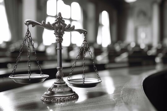 Legal scales stand prominently in a courtroom, symbolizing justice as a verdict approaches