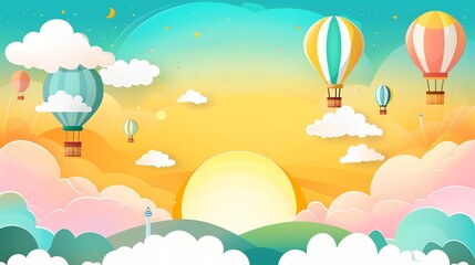 Naklejka premium A colorful cartoon illustration of hot air balloons floating in the sky above fluffy clouds.