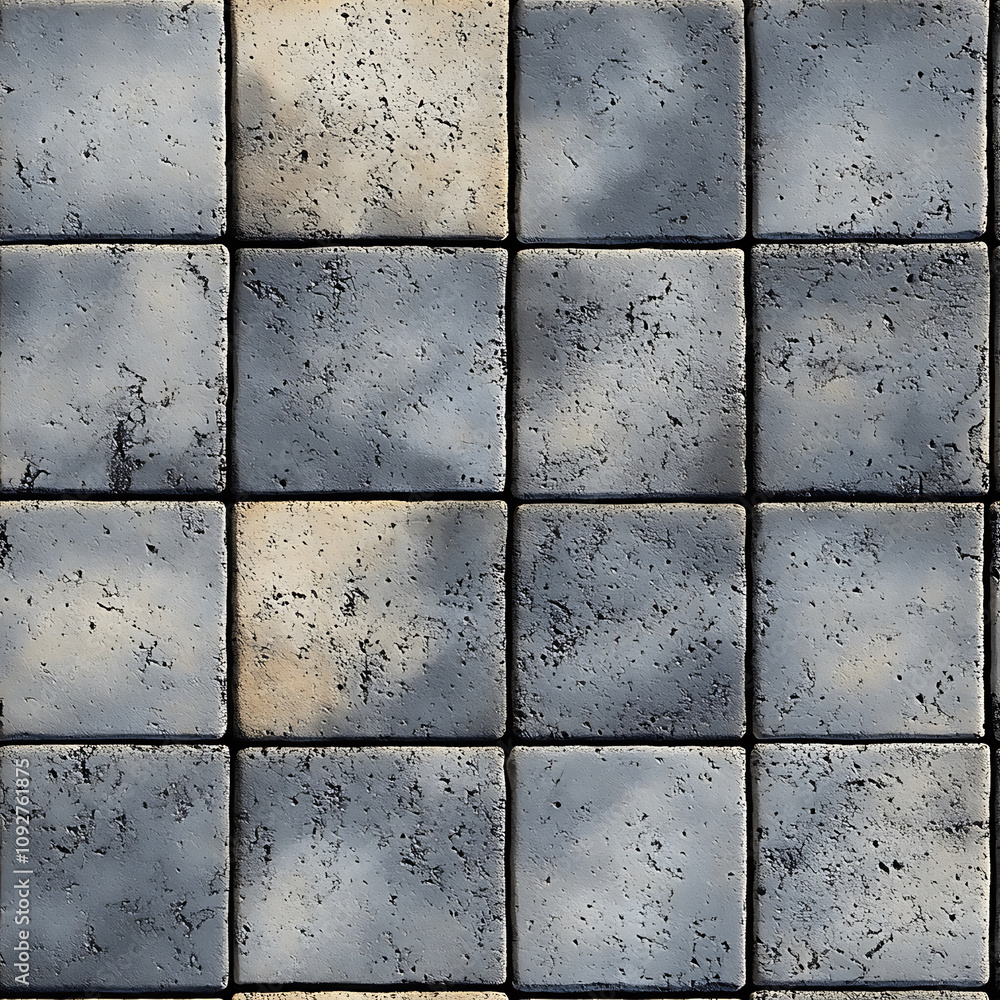 Poster photorealistic close up view of textured concrete tiles in grid pattern, showcasing their unique sur