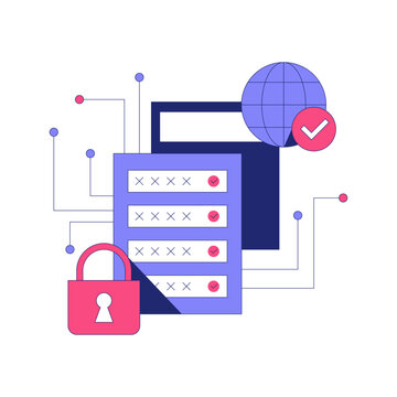 Server Rack With Padlock And Checkmark In Flat Vector Illustration Symbolizing Data Security, Privacy, And Digital Protection, Isolated On White Background.