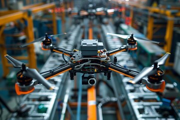 Fototapeta premium A drone is being assembled in an advanced manufacturing facility filled with equipment