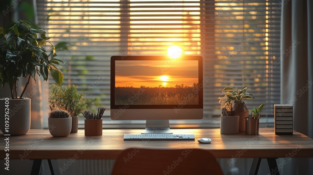Aufkleber warm and inviting workspace with computer displaying sunset scene surrounded by indoor plants in a c