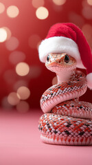 Snake in Santa hat, zodiac symbol, Chinese calendar, pink background, banner copy space, Happy New Year Merry Christmas
