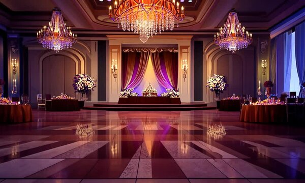 A lavish banquet hall with elegant chandeliers and floral arrangements for celebrations.