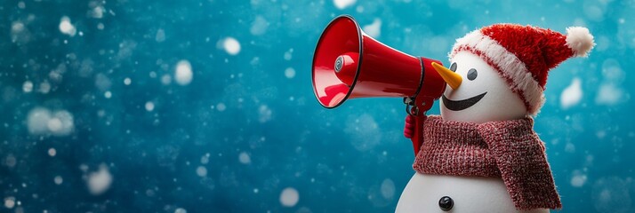 Cheerful snowman with megaphone spreading holiday message and copy space.