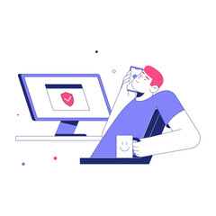 Man Relaxing While Using A Smartphone With Shield Icon On Computer Screen In Flat Vector Illustration Symbolizing Secure Connection And Online Safety, Isolated On White Background