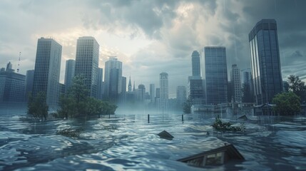 Fototapeta premium Flood covering city during heavy rainfall with debris and trees floating in water, depicting climate change consequences