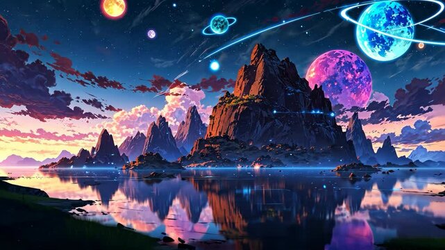 Video footage of surreal landscape with towering mountains, a reflective lake, and a vibrant sky filled with colorful planets and celestial bodies