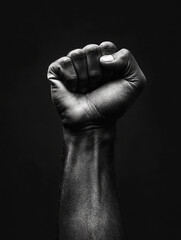 Fist raised in solidarity against a dark background, symbolizing strength and resilience in a powerful gesture of unity and defiance