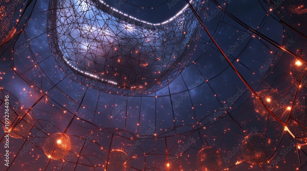 Aufkleber a futuristic digital structure with glowing nodes and a cosmic background.