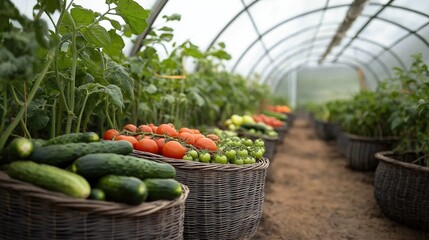 Freshly picked tomatoes and cucumbers growing in greenhouse baskets