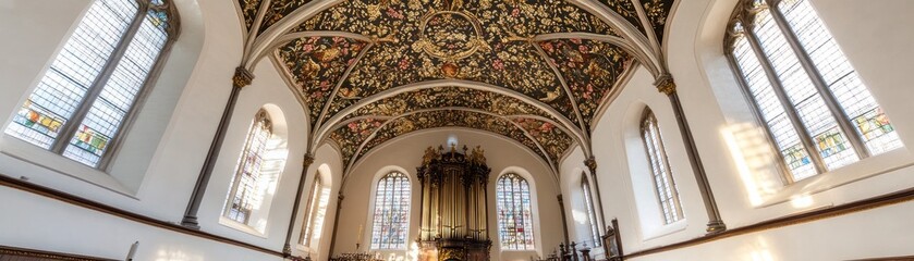 Obraz premium Interior of a beautifully decorated church with ornate ceiling and stained glass windows.