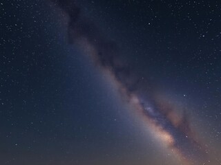 Fototapeta premium The Milky Way shines brightly against a dark sky with meteors visible as tiny dots in the foreground, cosmos, milky way, meteors