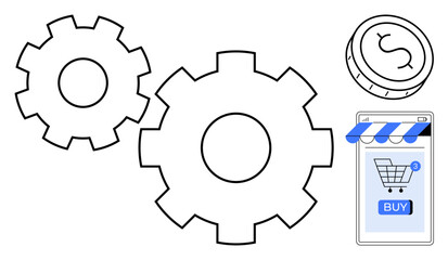 Two gears, a shopping cart with a buy button, and a coin suggest themes of e-commerce, technology, automation, financial transactions, and online shopping. Ideal for illustrating e-commerce