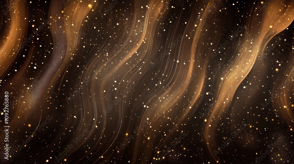 Poster Abstract design with flowing lines and shimmering particles against a dark background.