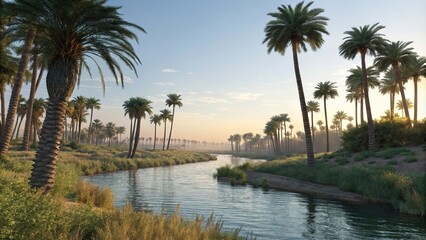 The tranquil scene of a river flowing gently through a stand of tall palms, river, water, night, serene landscape