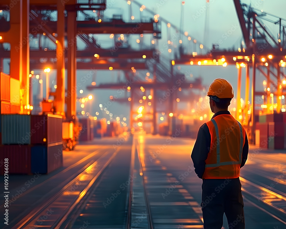 Poster industrial port supervisor managing container shipment for optimal logistics handling at terminal