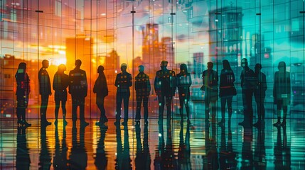 Silhouetted Business People Meeting at Sunset Against Cityscape