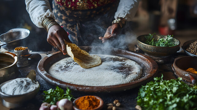 The Heart of Ethiopian Cooking: A Rustic Kitchen Scene Showcasing the Craft of Making Injera on a Traditional Clay Griddle