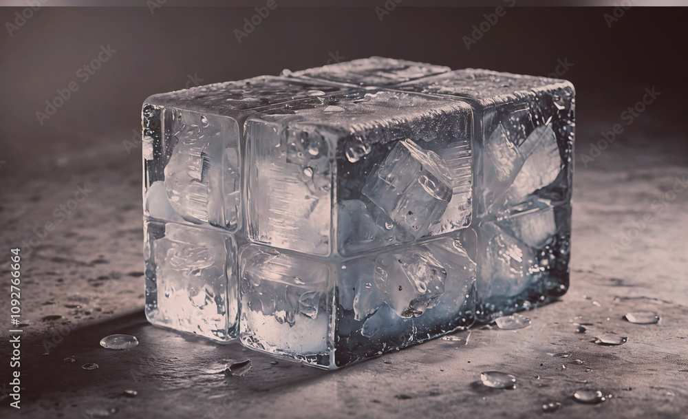 Poster Cube of ice with water droplets on it. The cube is made of ice and is sitting on a surface