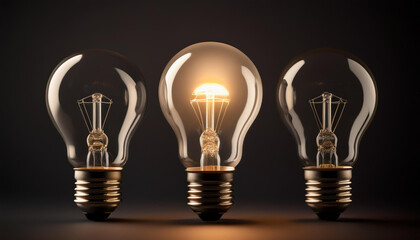 Close up de unas bombillas apagadas y una encendida en el centro como concepto de gran idea, liderazgo,  o consumo energético, aislado en fondo negro