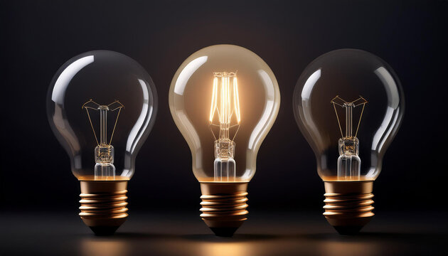 Close up de unas bombillas apagadas y una bombilla encendida en el centro concepto de idea, consumo energ&eacute;tico, l&iacute;der, liderazgo y emprendimiento, aislado en fondo negro