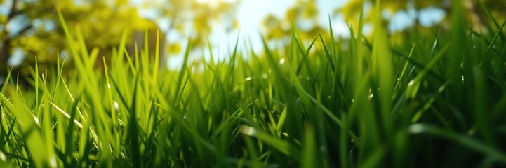 Obraz premium Vibrant green grass beneath a sunny sky with blurred foliage in soft focus creating a bokeh effect, fresh spring garden, blurred background