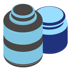 Dietary supplements Jar isometric concept,  gummies and powders container color vector icon design, Fitness Wellness symbol, Workout Weightlifting sign, Personal training equipment stock illustration