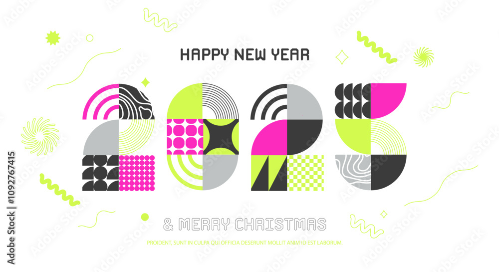Poster 2025 new year banner with isolated numbers from simple geometric shapes and figures. template for gr