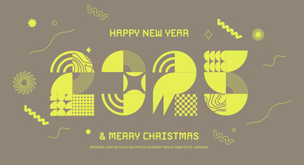 2025 New Year banner with isolated numbers from simple geometric shapes and figures. Template for greeting card, invitation, poster, flyer, web. Vector illustration.