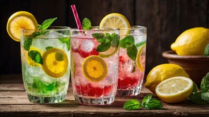 Colored summer lemonades with ice and mint on wooden table