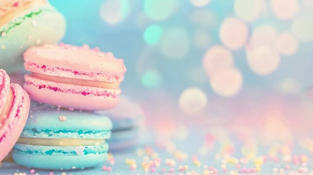 Soft, pastel-colored macarons stacked with a dreamy bokeh background, creating a light and whimsical dessert scene.