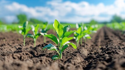 Young plants growing in fertile soil in greenhouse, cultivating new life
