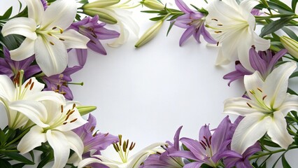 Obraz premium White lily flowers in a circular arrangement surrounded by purple lilies, elegant decor, fresh flowers,