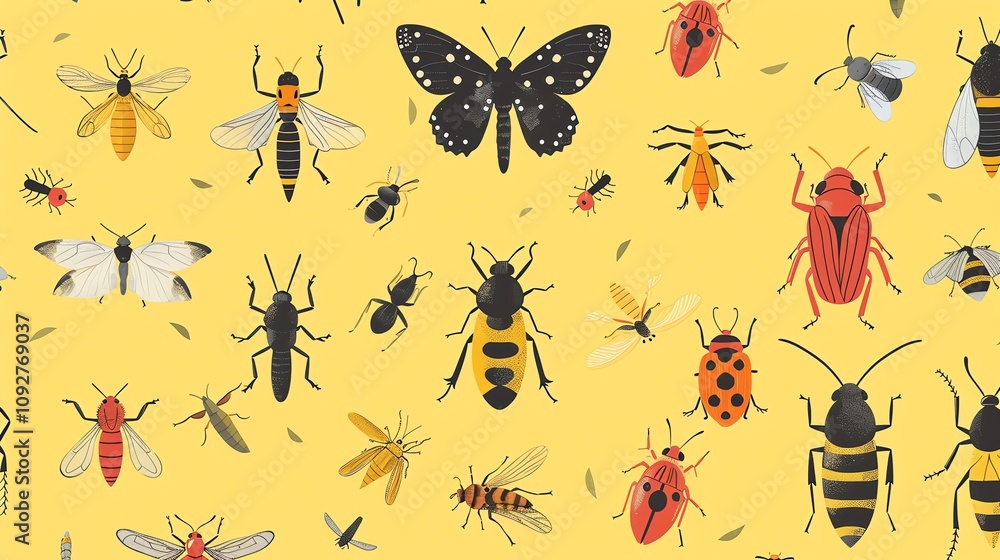 Poster a cheerful repeating pattern of various colorful insects and butterflies on a yellow background.