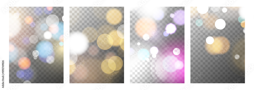 Aufkleber set of festive bright bokeh lights. abstract blurred overlay designs. vibrant blur light effect. tra