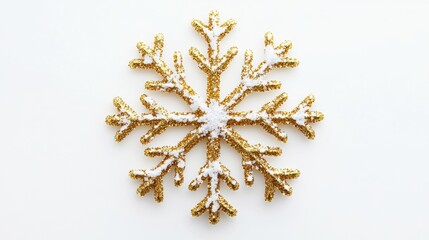 A shiny, gold snowflake stands out against a white background.  Perfect for Christmas.