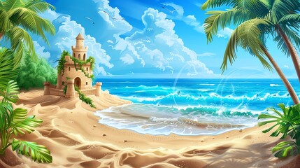 A cartoon beach scene with a sandcastle and palm trees.