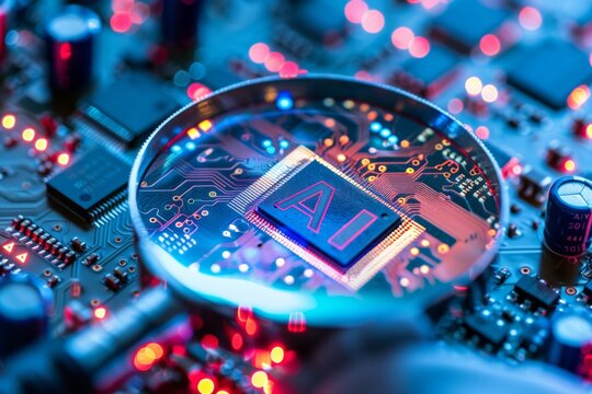 Close-Up of a Circuit Board Featuring a Magnifying Glass Displaying AI Chip Surrounded by Colorful LED Lights and Microchips for Technology Concept