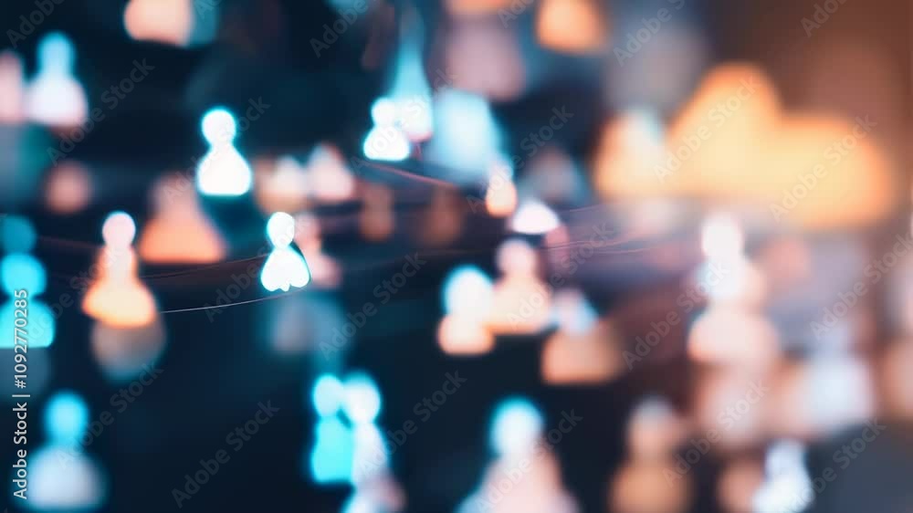 Poster abstract digital representation of a social network with glowing user icons connected by lines, symb