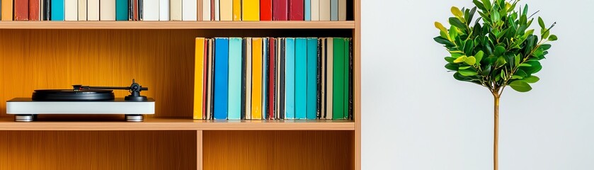 Fototapeta premium Cozy living space with books and a plant, enhancing relaxation and ambiance.