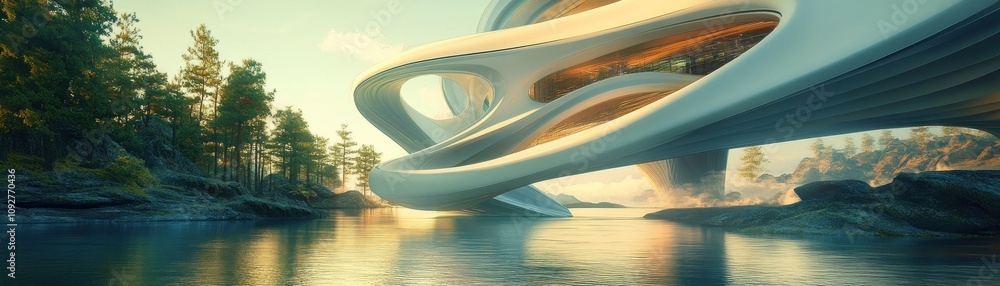 Poster A futuristic architectural structure hovering over calm waters, surrounded by trees and nature.