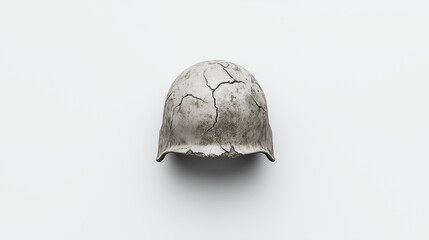 minimalist design with a single, cracked soldier's helmet on a white background