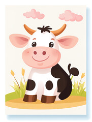 a cute cartoon cow sitting in grass